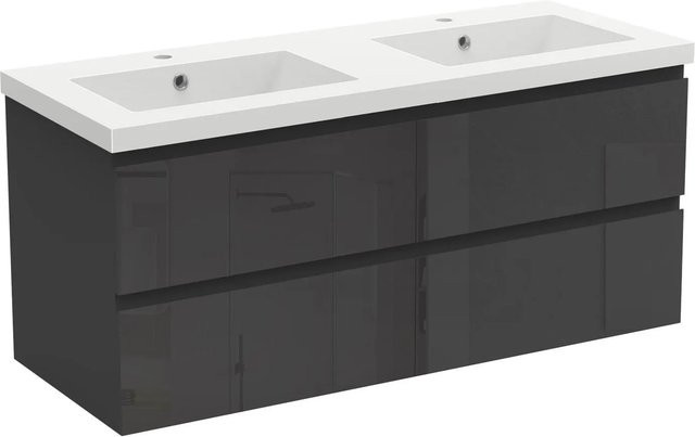 AICA Badmöbel Set Aalst: 2-teiliges Waschtisch-Set mit Mineralguss-Waschbecken und Unterschrank in Schwarz Hochglanz, Wandmontage, Breite: 120 cm - Bild 1