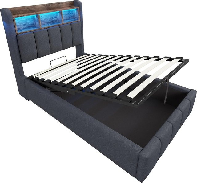 Merax Kinderbett mit LED-Unterbettbeleuchtung, USB-Anschluss und Hydraulik-Stauraum in Grau - Bild 1