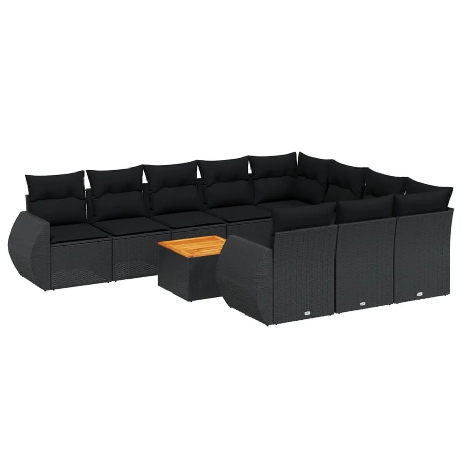vidaXL 11-tlg. Garten-Sofagarnitur in L-Form aus Poly-Rattan und Akazienholz mit Kissen in Schwarz - Bild 2