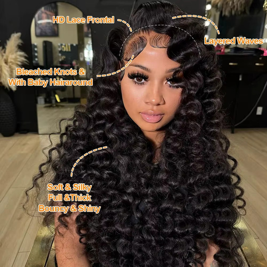FIUMER Lace Front Perücke, Deep Wave Wasserwelle, Brasilianisch Schwarz - Bild 3