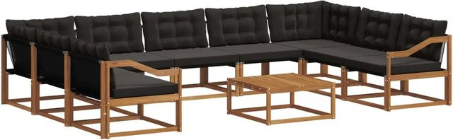 vidaXL Outdoor-Sofagarnitur 10-teilig aus massivem Akazienholz mit Textilene und Kissen, Natur und Schwarz - Bild 1