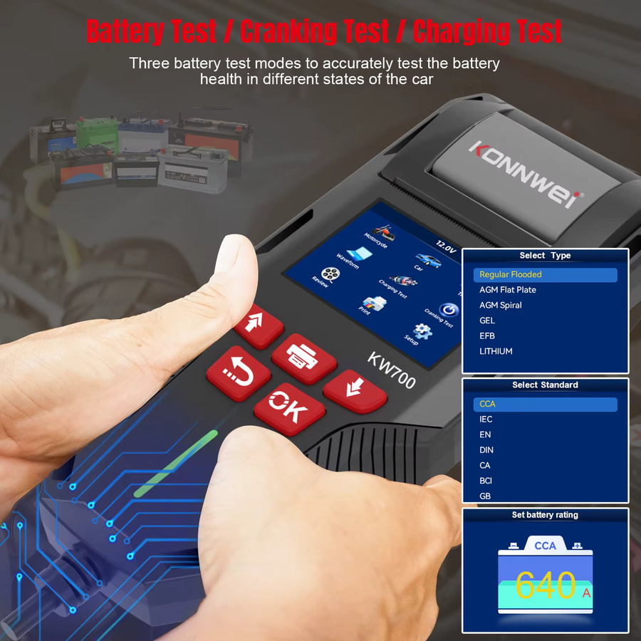 KONNWEI KW700 Batterietester für Auto, LKW und Motorrad mit Drucker, 12V/24V, 10-2000CCA, Diagnosegerät für Spannung, CCA, SOC und SOH, Schwarz - Bild 4