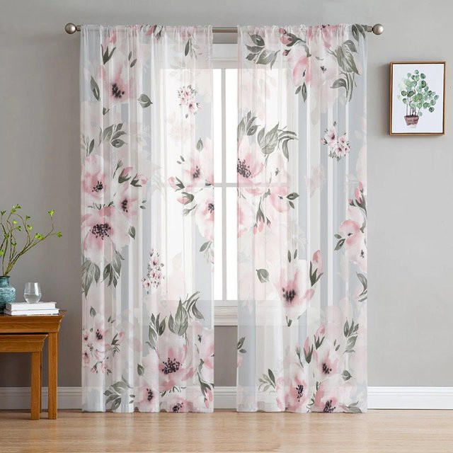 Transparenter Tüllvorhang von A Family Of Home Textiles mit floralem Rosa-Aquarell-Blumenmuster, Farbe: Weiß/Rosa, B: 135 cm, H: 244 cm - Bild 1