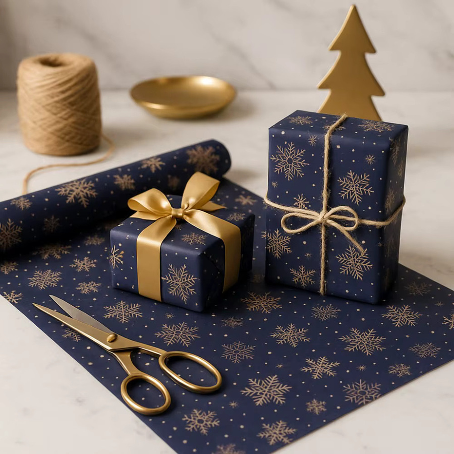 Dunkelblaue Schneeflocken Geschenkpapierrolle aus Kraftpapier mit doppelseitigem Winterdesign - Bild 2
