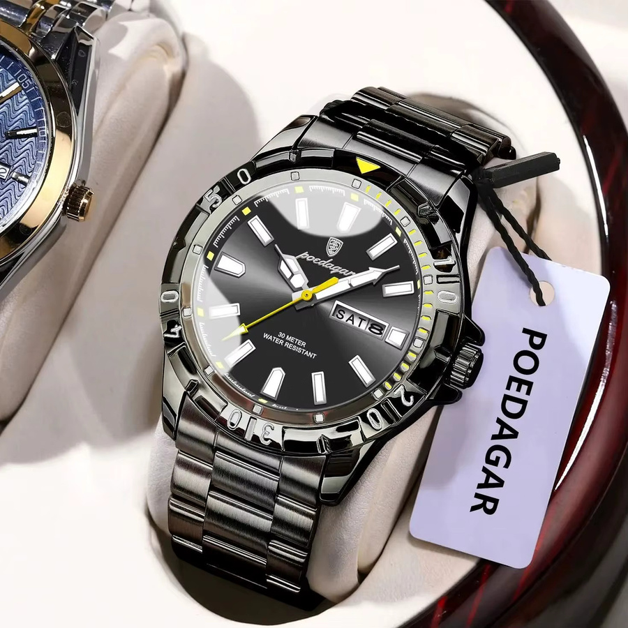 POEDAGAR Armbanduhr Edelstahl, Quarz, Schwarz, Silber, Herren - Bild 2