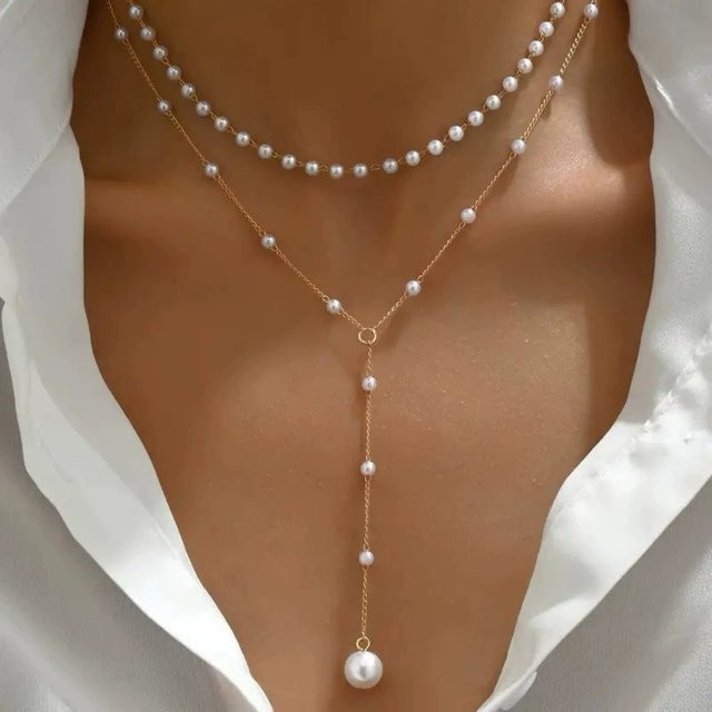 SUMENG Halskette, Doppel Layered, Perle, Gold, Damen - Bild 1