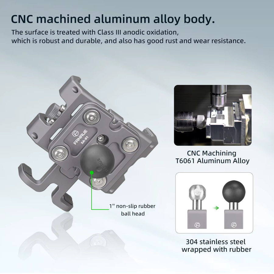 FANAUE Motorrad-Telefonhalter aus Aluminiumlegierung mit Anti-Shake-Stoßdämpfung und 2,5 cm Universal-Kugel in Grau - Bild 3