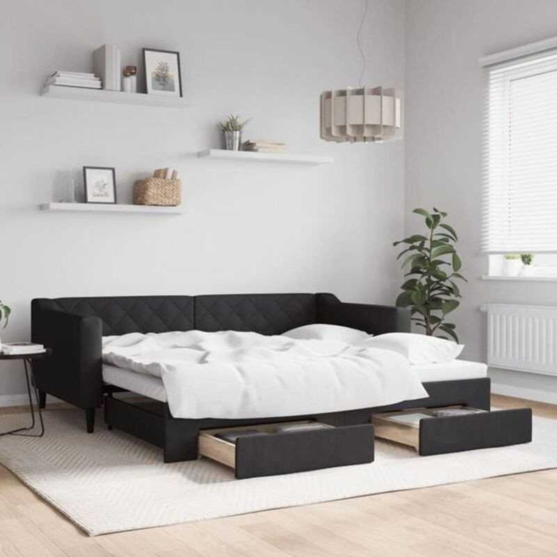 Ausziehbares Funktionsbett vidaxl mit Schubladen aus Stoff und Metall, Schwarz, B/T/H: 190 x 90 x 67 cm - Bild 1