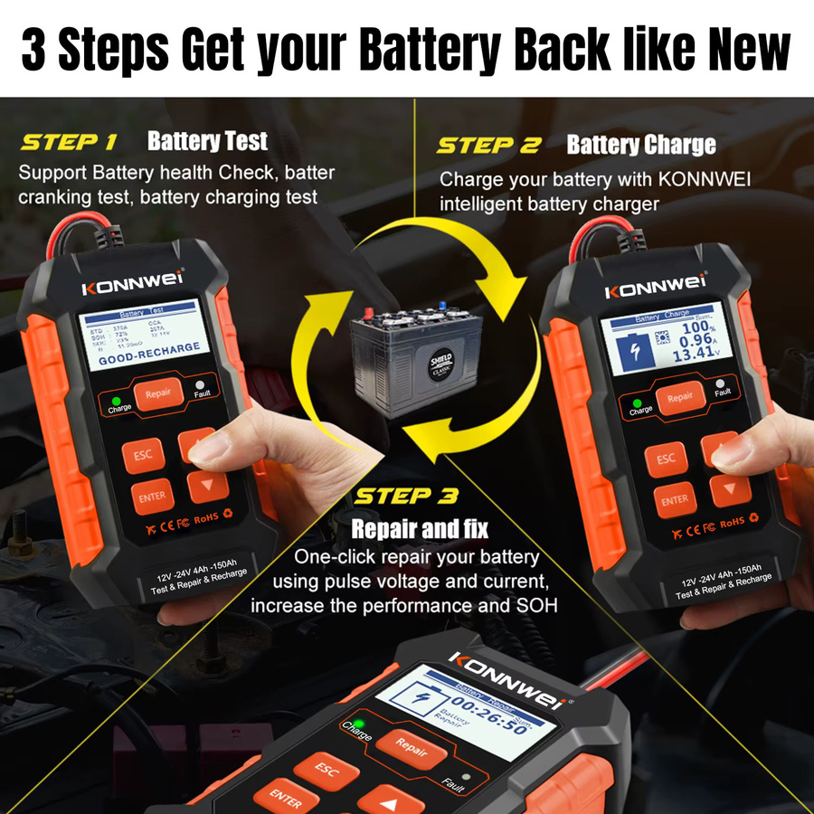 KONNWEi Automotive Batterie Tester in Schwarz mit Puls Reparatur, Spannungserkennung und Startup Test für dein Auto - Bild 4
