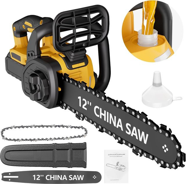 Akku-Kettensäge 12 Zoll Gelb kompatibel mit DeWalt 20V elektrische Gartensäge zum Schneiden von Holz und Baumzweigen - Bild 1