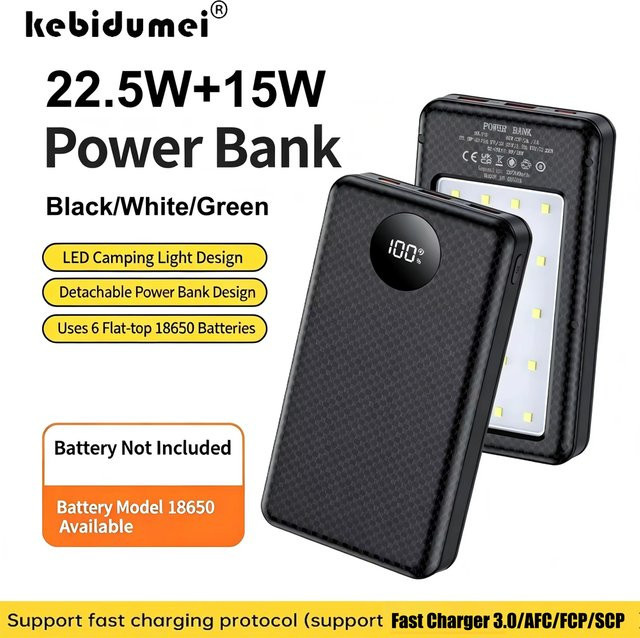KEBIDUMEI 18650 Powerbank mit 22,5W+15W Schnellladegerät, Dual USB und USB-C, schwarze Ladehülle mit Campinglicht für dein Telefon - Bild 1