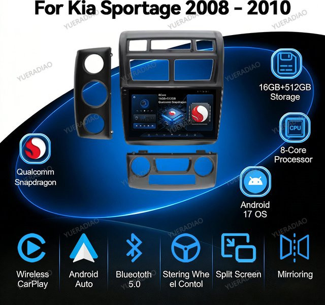 RNABAU Android 17 Autoradio für Kia Sportage 2 (2008 - 2010) mit GPS, 4G, WiFi und Bluetooth, 2DIN Multimedia Stereo Videoplayer in Schwarz - Bild 1