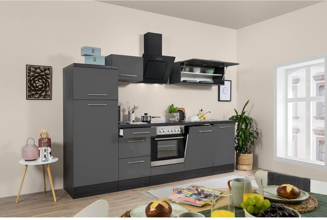 Respekta Premium Küchenzeile modern in Grau Hochglanz mit Soft-Close-Türen und Schubladen, Breite: 280 cm, Höhe: 91 cm, Tiefe: 54,5 cm - Bild 1