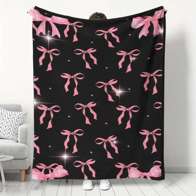 VIKAMA Flanell Sofa Decke mit Schleifen-Design in Schwarz und Rosa für die Home Dekoration - Bild 1