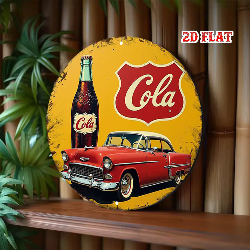 Potdemiel Metallblechschild Vintage Red Car & Cola Beverage Rund, Durchmesser: 20 cm, Farbe: Rot/Mehrfarbig - Bild 5