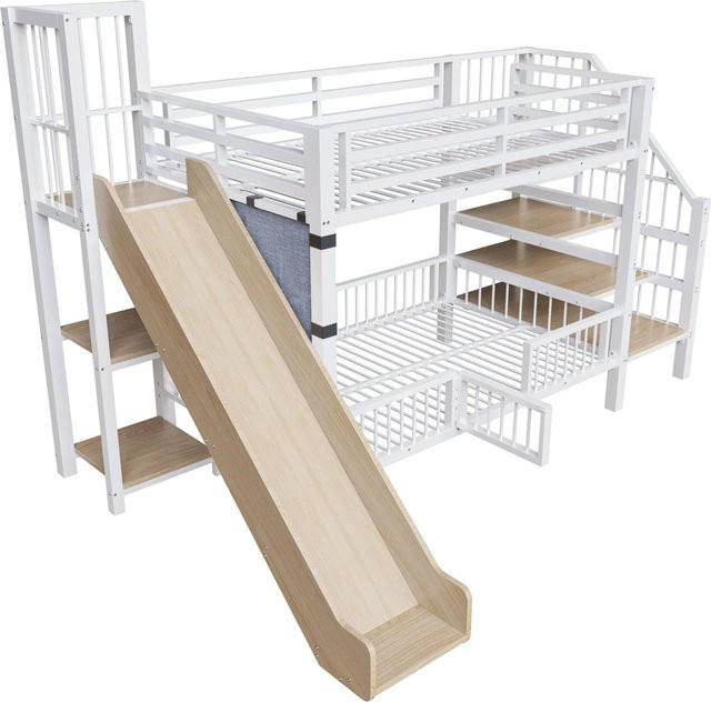 Merax Hochbett für Kinder aus Metall und MDF mit Rutsche, Treppe und Stauraum, Weiß - Bild 1