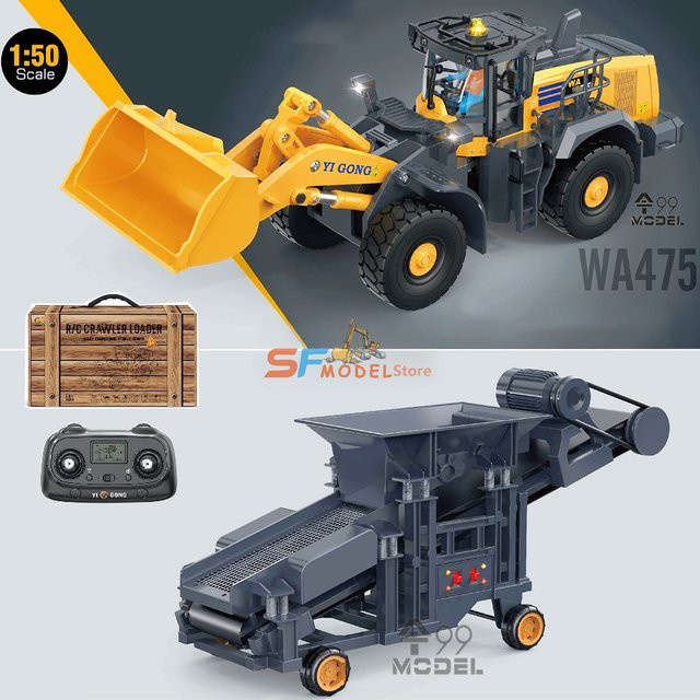 AT 99 MODEL RC Baufahrzeug Set im Maßstab 1:50, Gelb, Elektrisches Spielzeug Set mit Lader, Muldenkipper, Bagger, Sandsiebmaschine und Straßenwalze - Bild 1