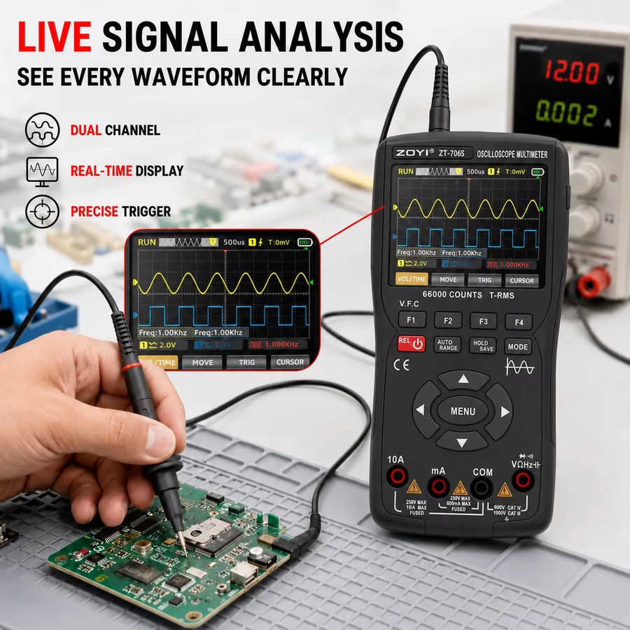 ZOYI Digitales Multimeter Oszilloskop und Signalgenerator, 2-Kanal 50MHz, Hochpräzises Spannungsmessgerät mit automatischer Bereichswahl, Schwarz - Bild 4