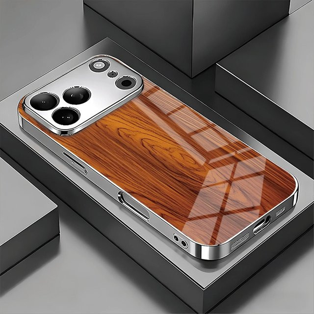 Handyhülle aus gehärtetem Glas mit Massivholz-Textur in Braun für iPhone 11 bis iPhone 18 Pro Max Plus und 17 Air mit galvanisierter Abdeckung - Bild 1