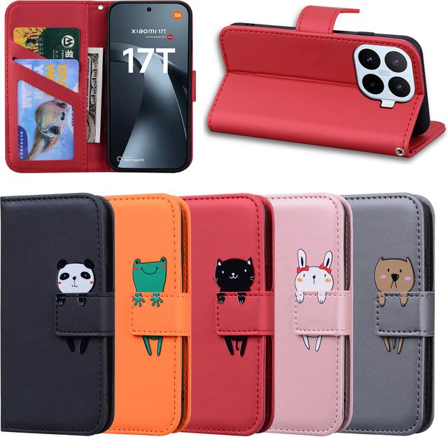 Cartoon Flip Lederhülle für Xiaomi 17T Pro und Xiaomi 15T Pro mit magnetischem Telefonständer und Kartenfächern in Beige oder Rot - Bild 1