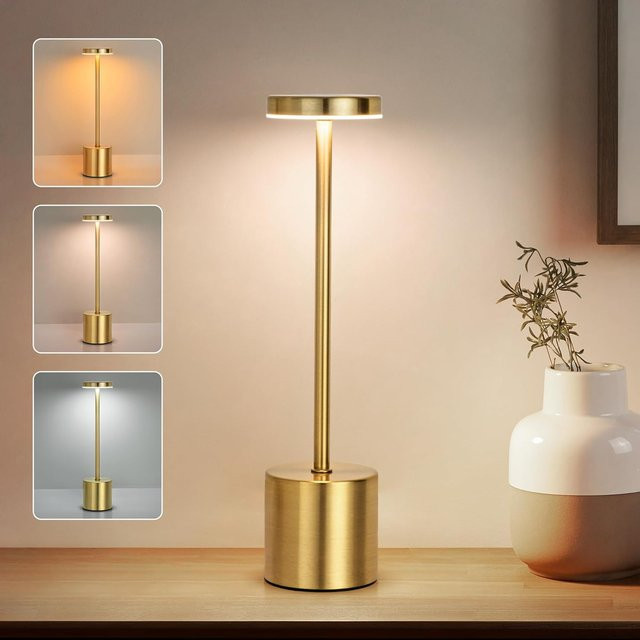 Wiederaufladbare LED Tischlampe aus Metall mit Touch-Funktion und drei Lichtfarben in Gold/Messing - Bild 1