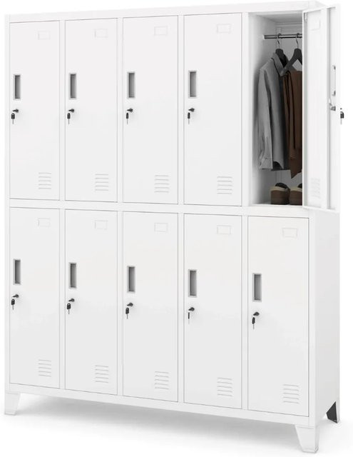 DELUKE Umkleideschrank Spind mit 10 Abteilen aus Metall in Weiß, H: 172 cm, B: 136 cm, T: 45 cm - Bild 1
