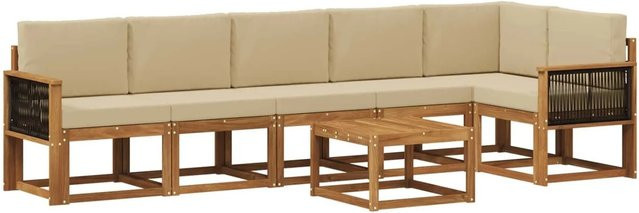 vidaXL Outdoor-Sofagarnitur L-Form aus Akazienholz mit 7 Kissen in Natur und Beige aus UV-beständigem Polyester - Bild 1