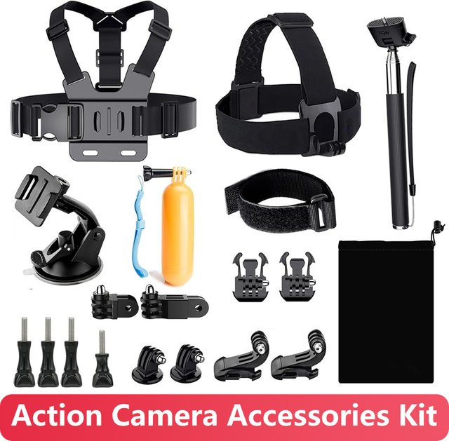 Zubehör-Set für GoPro Hero 12, Insta360 X3 X2 und DJI Action Cam mit Kopf-Brustgurt und Selfie-Stick - Bild 1