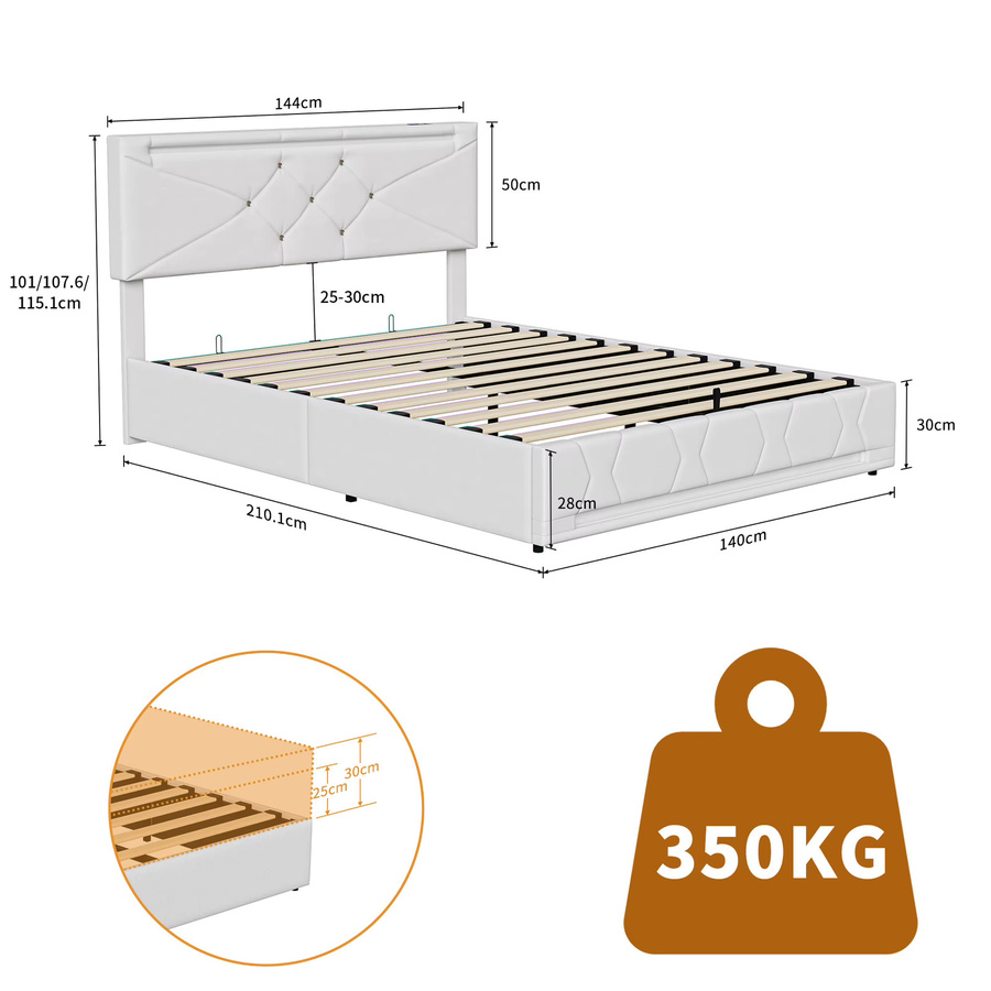 Creahappy Polsterbett mit hydraulischem Stauraum und Unterbettbeleuchtung, B/T: 140 x 200 cm - Bild 2
