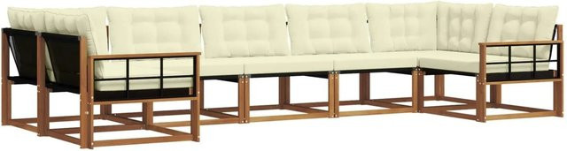 vidaXL Outdoor-Sofagarnitur 7-teilig L-Form aus Akazienholz mit Textilene und Kissen in Beige und Weiß - Bild 1