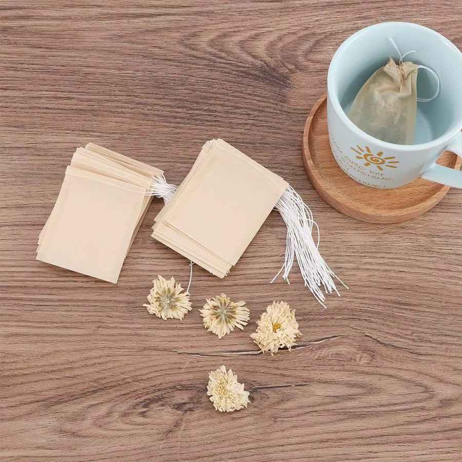 100 Stück Teebeutel aus Papier mit Holzspatel und Kordel zum Versiegeln für losen Tee und Kräuter, Beige - Bild 2