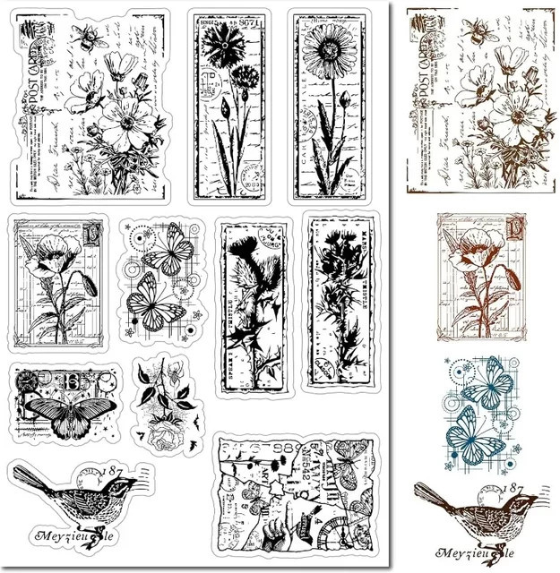 Transparenter Silikon-Siegelstempel mit Blumen, Mohn, Motten, Vögeln und Schmetterlingen im Vintage-Design für Postkarten - Bild 1