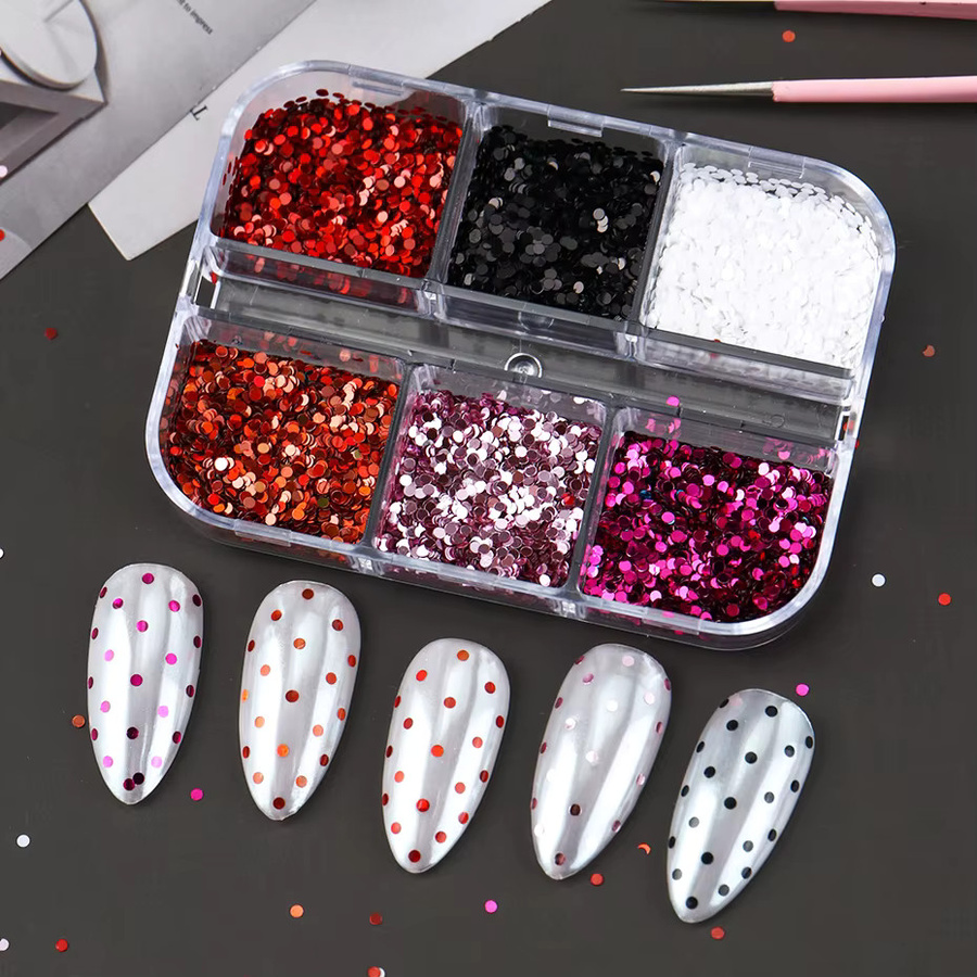 Full Beauty Nagelglitzer Polka Dot 3D Pailletten, 6er-Set, Schwarz Weiß Rot - Bild 4