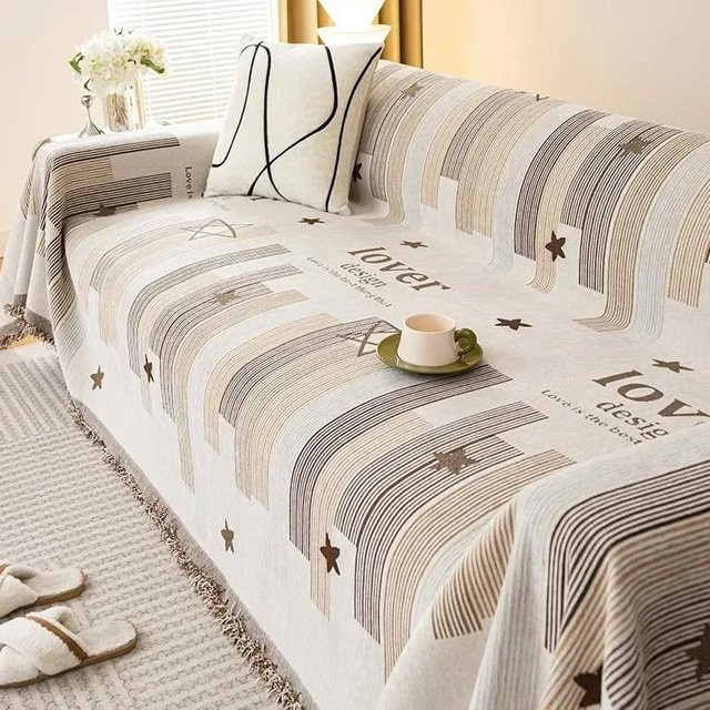 Nordische Quaste Sofadecke aus Baumwolle und Polyester in Khaki, Jacquard-Überwurf für Sofa und Bett, B/B: 180 x 230 cm - Bild 1