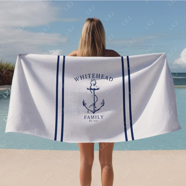 Personalisierbares Strandtuch von JMG Household Supplies, gestreiftes Microfaser-Handtuch für Erwachsene, schnell trocknend, Farbe: Weiß, B/H: 70 x 140 cm - Bild 1