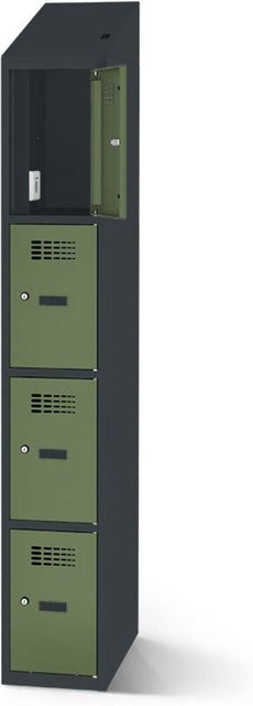 rotstahl Fächerschrank mit Ladefunktion und 4 Fächern in Hellgrün mit anthrazitgrauem Korpus, B: 40 cm, H: 200 cm - Bild 1