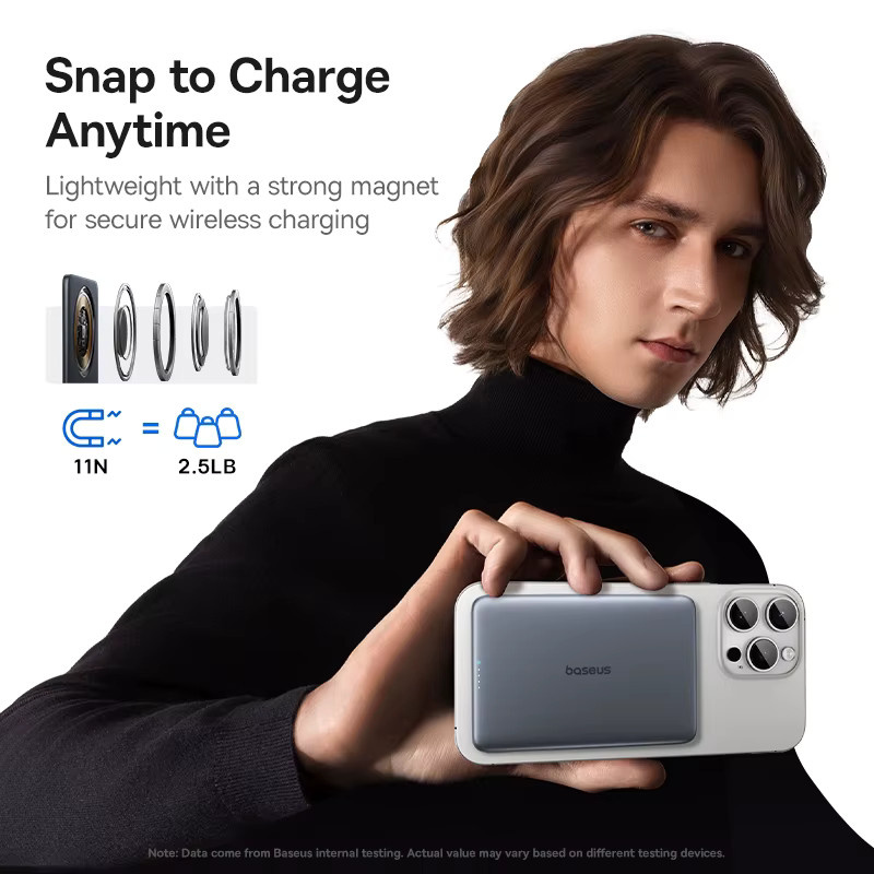 Baseus Magnetische Powerbank 5000 mAh in Grau, kabelloses 15 W Laden und kabelgebundenes 20 W Laden, schlankes Design in Kartengröße für iPhone und Samsung - Bild 5