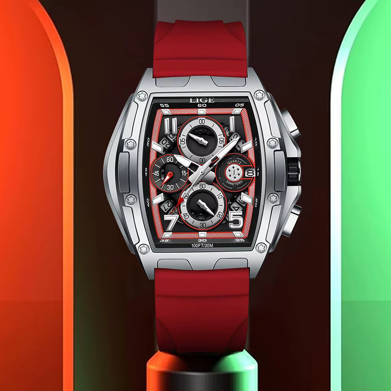 LIGE Armbanduhr Chronograph, Quarz, eckig, Silikon, Schwarz, Herren - Bild 6