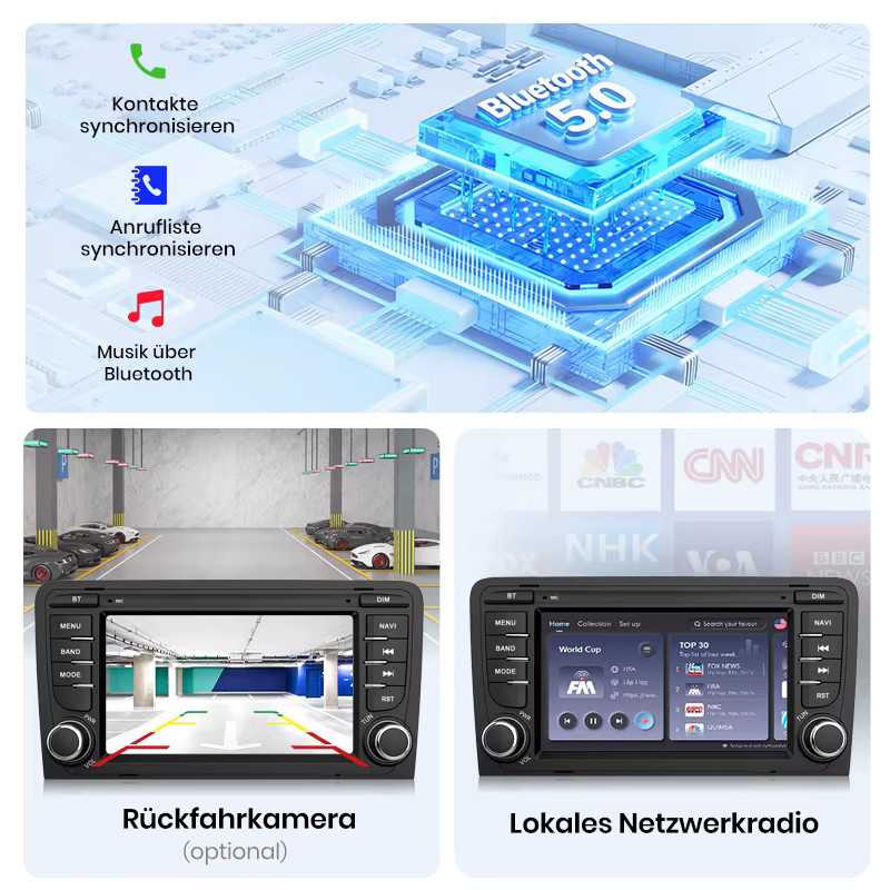 Junsun Android 15 Autoradio für Audi A3 8P S3 2003-2012 mit 7 Zoll IPS-Touchscreen, kabelloses Apple CarPlay und Bluetooth in Schwarz - Bild 4