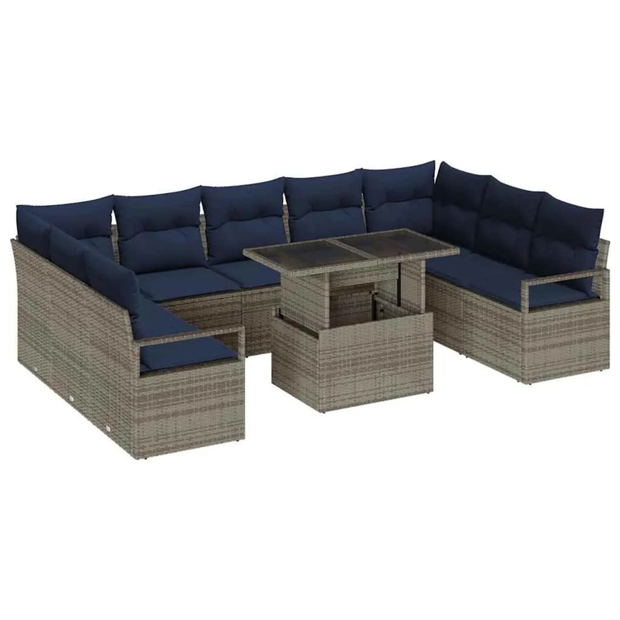 vidaXL Gartensofa-Set 10-teilig aus Poly Rattan in Grau und Marineblau mit Polstern und Tisch - Bild 2
