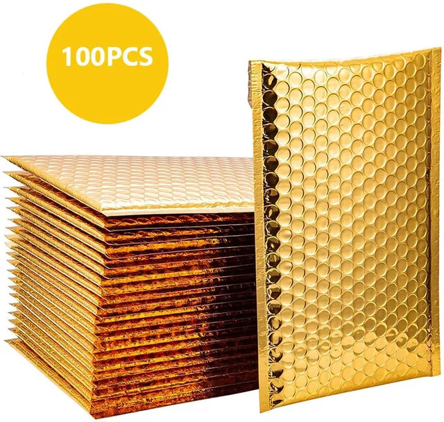 100 Stück goldene metallische Luftpolstertaschen aus Aluminiumfolie, wasserdichte selbstklebende Versandumschläge für Geschenkverpackungen - Bild 1
