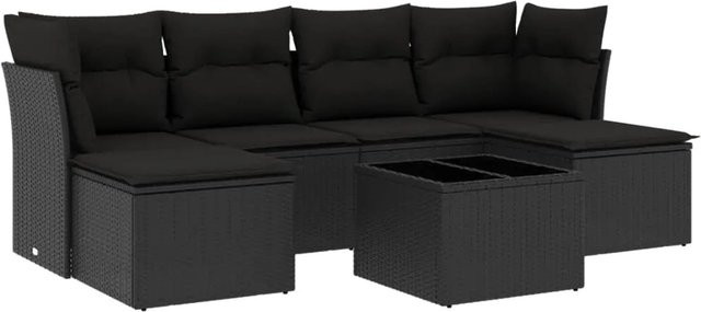 vidaXL 7-tlg Garten-Sofagarnitur in L-Form aus Polyrattan mit Kissen in Schwarz - Bild 1