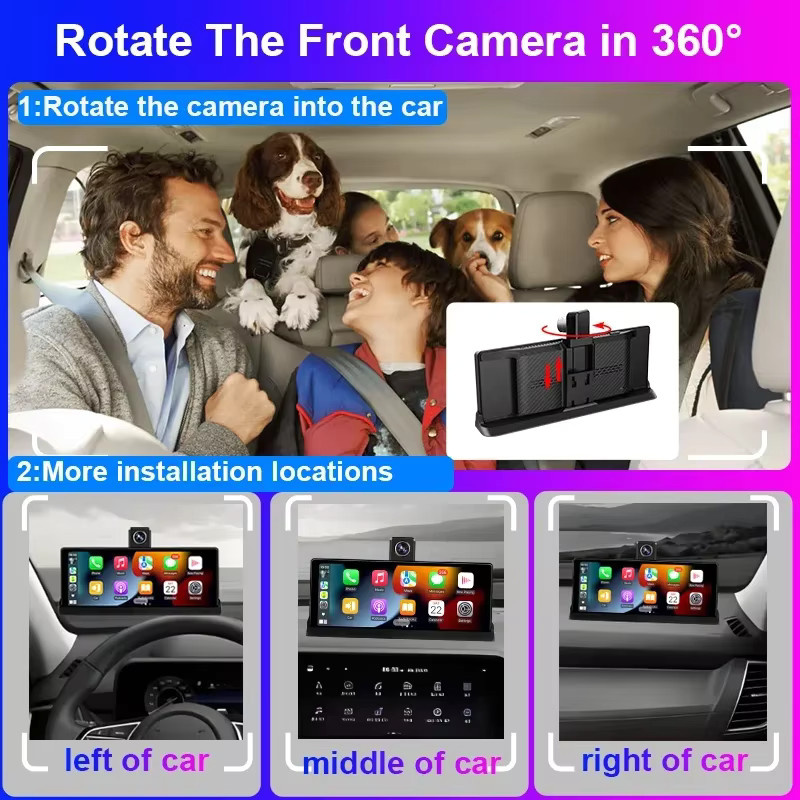 Srnubi 4K Auto Dashcam mit 10,26 Zoll Display, Carplay und Android Auto, Dual Lens Fahrrekorder mit 360 Grad Rotation, WIFI und Bluetooth, Schwarz - Bild 2