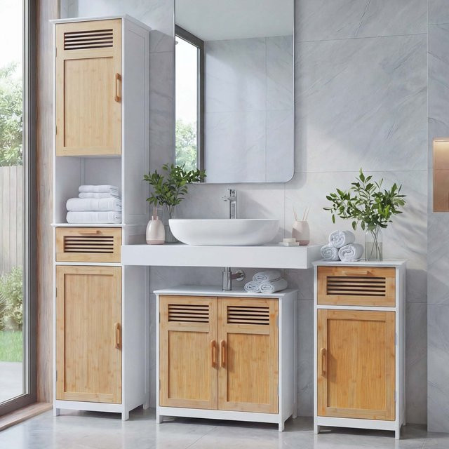 Badezimmerset MCW-A85 aus Bambus und MDF in Weiß und Braun-uni - Bild 1
