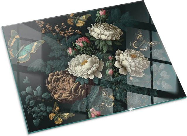 Tulup Glasplatte für Kamin mit Blumenmuster und Schmetterlingen, Grün, B: 80 cm, T: 60 cm - Bild 1