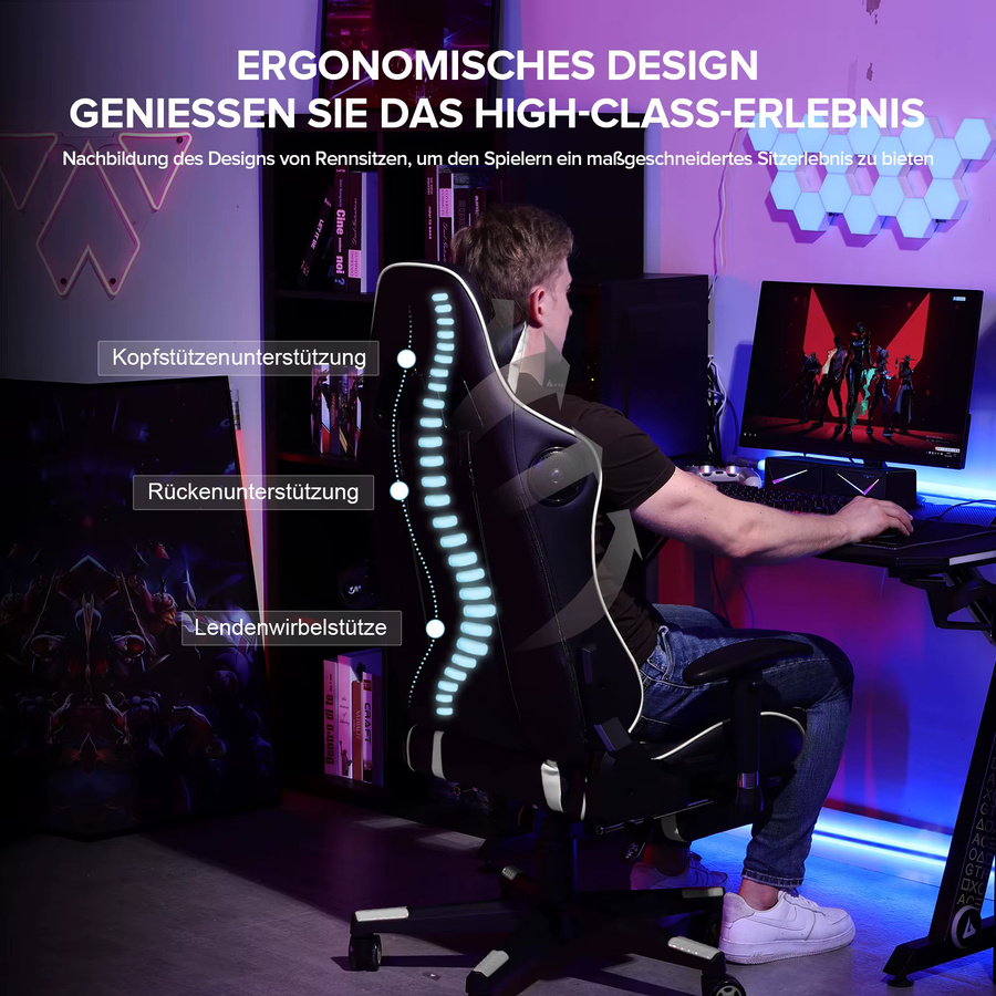 GTPLAYER Gaming Stuhl in Schwarz mit Bluetooth Lautsprechern, Fußstütze und ergonomischem Design aus Kunstleder - Bild 3