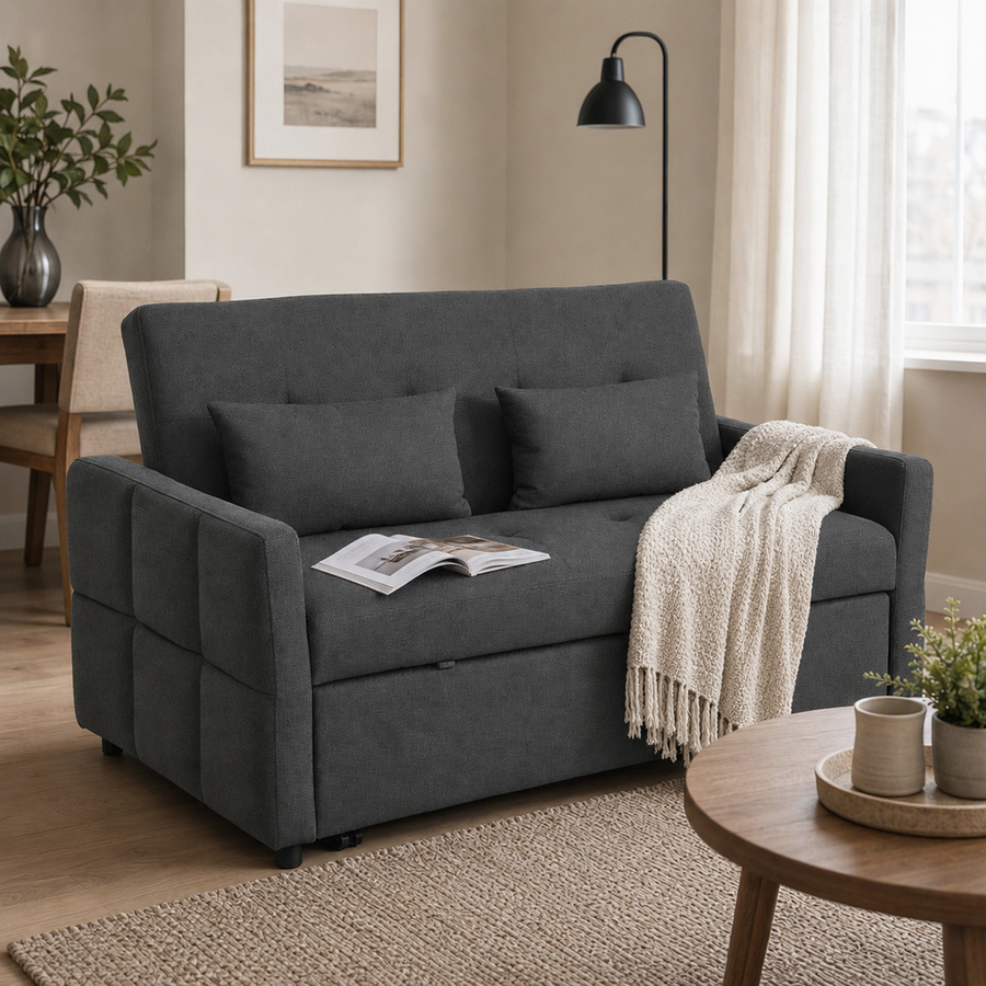 HOMCOM 3-in-1 Schlafsofa als 2-Sitzer Schlafcouch in Dunkelgrau mit Leinenoptik, verstellbarer Rückenlehne und Seitentaschen, B/T/H: 137 x 179 cm - Bild 2