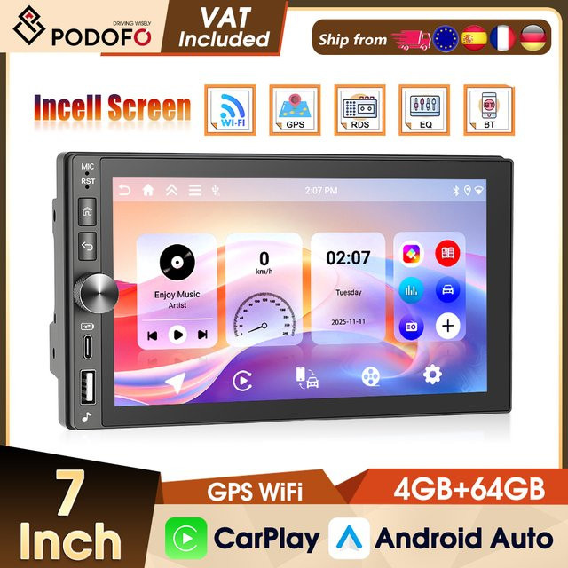 Podofo 2Din Universal-Autoradio mit 4+64GB Speicher, Incell-Bildschirm, Carplay, Android Auto, Mirrorlink, GPS, WLAN und 4G in Schwarz - Bild 1
