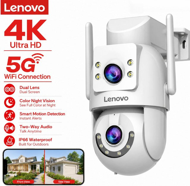 Lenovo 4K Dual-Objektiv Außen-WLAN-Kamera in Weiß mit 5G WLAN, Zwei-Wege-Audio, IP66 Wasserdichtigkeit, KI-Tracking und Nachtsicht - Bild 1