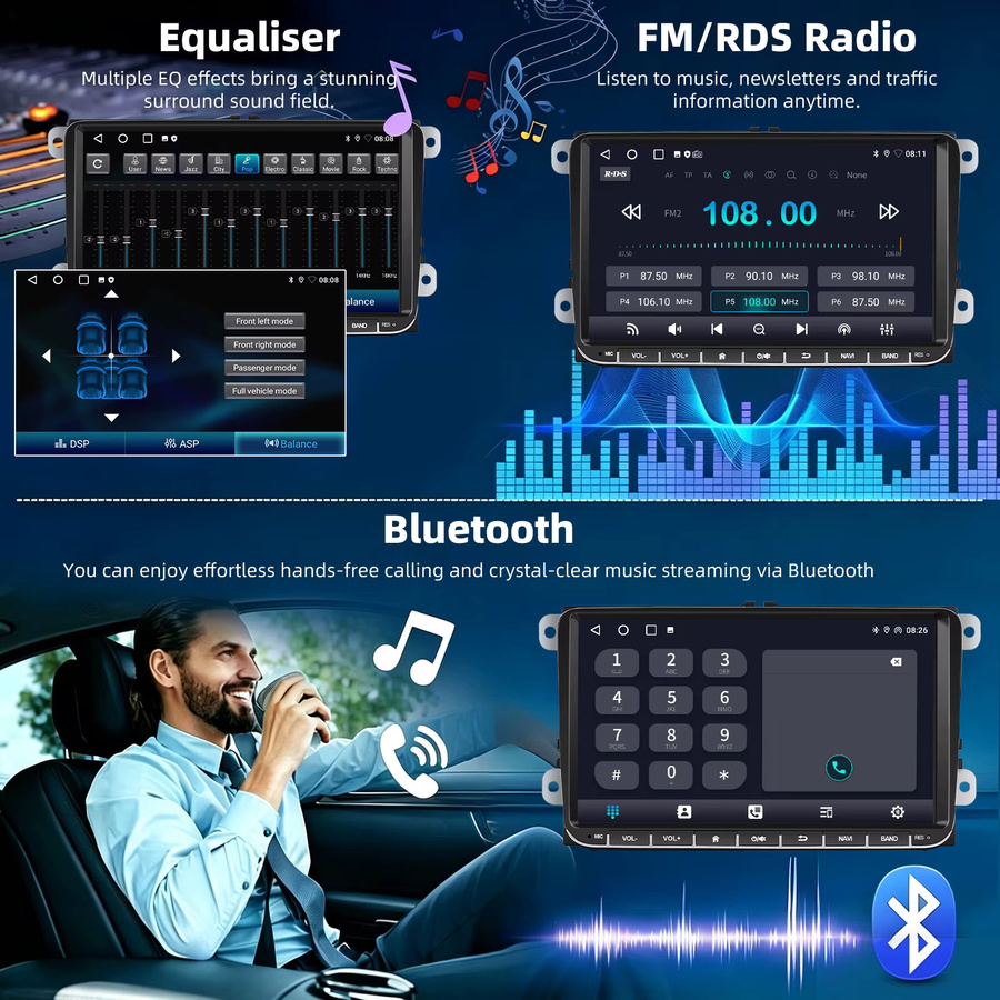 Essgoo 9 Zoll Android 15 Autoradio mit 4+64G Speicher für VW Golf 5 6 Passat Polo Touran Tiguan Caddy Eos T5 Seat Skoda, Schwarz, mit kabellosem Carplay, Android Auto, GPS-Navigation, Bluetooth, WLAN und Lenkradsteuerung - Bild 2